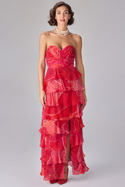 Pink abstract floral print layered maxi dress