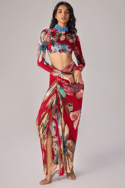 Red floral printed pleated maxi skirt set