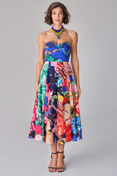Multicolour floral print strapless midi dress