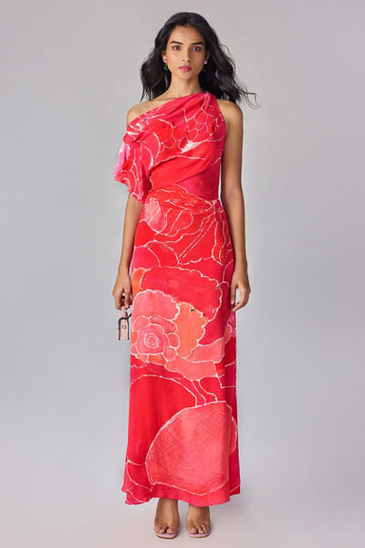 Pink floral printed one-shoulder dress