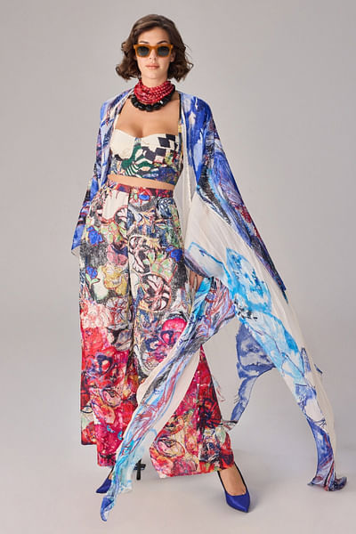 Multicolour abstract floral printed cape set
