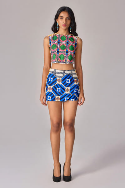 Multicolour abstract printed top and skirt