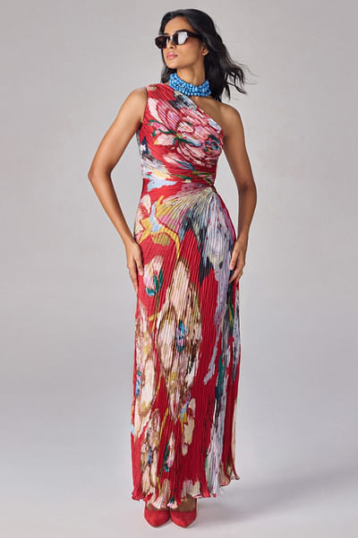 Red floral printed one-shoulder dress