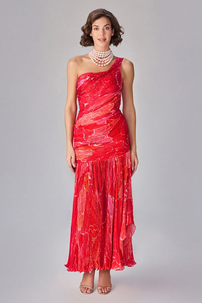 Pink printed one-shoulder dress