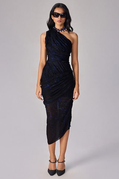 Black abstract floral print one-shoulder dress