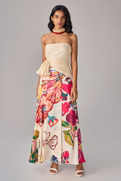 Multicolour floral printed overlap skirt set
