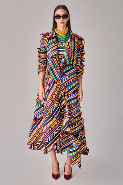 Multicolour stripe printed coat and mini dress