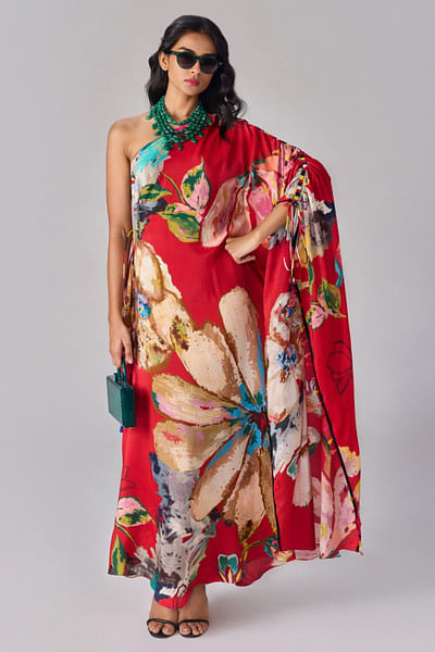 Red floral printed one-shoulder kaftan