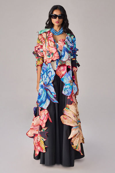Multicolour floral cutwork coat and skirt set