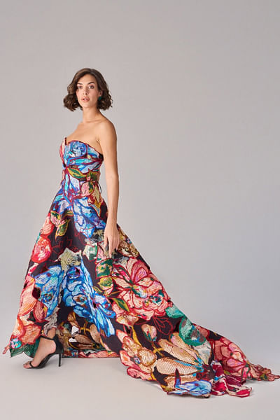 Multicolour floral printed strapless dress
