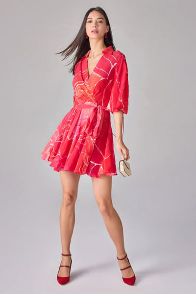 Pink floral printed mini wrap dress