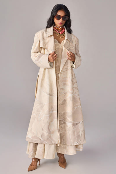 Ivory floral printed trench coat and skirt set