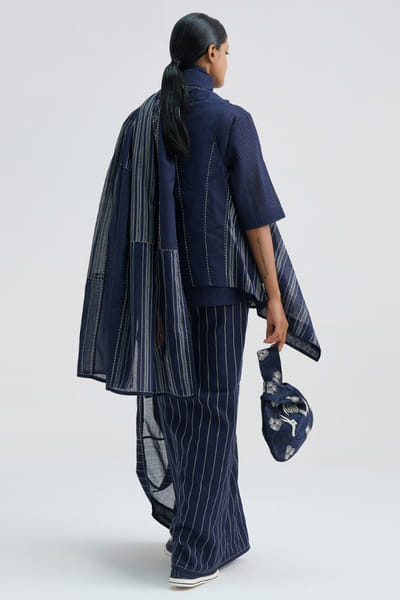 Peachoo Indigo yarn dyed stripe handloom sari PEACJUL26D149869