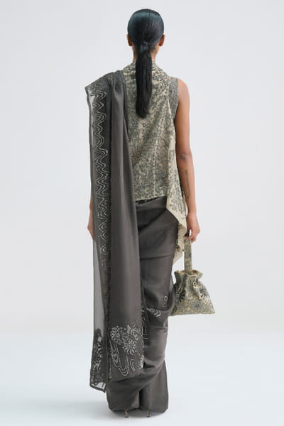 Peachoo Grey bead hand embroidered sari PEACAUG26D452867