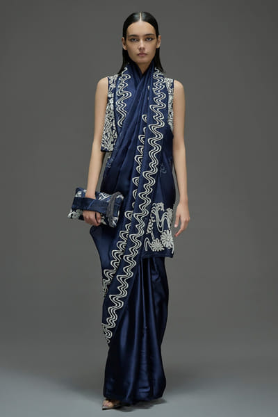 Peachoo Indigo bead hand embroidered sari PEACAUG26D452866