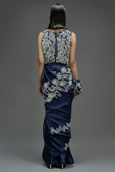 Peachoo Indigo bead hand embroidered sari PEACAUG26D452866