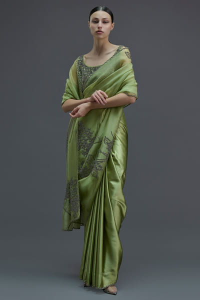 Peachoo Grass green bead hand embroidered sari PEACJUL26D149873