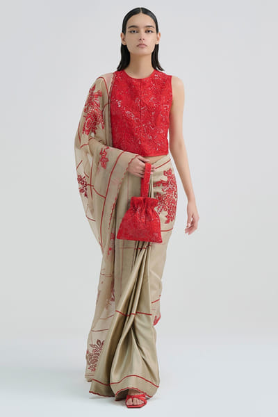 Peachoo Beige sequin and flat stitch embroidered sari PEACAUG26D452868