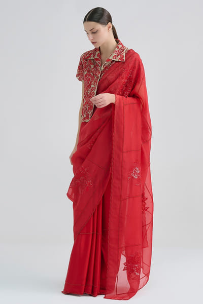 Peachoo Crimson sequin-flat stitch embroidered sari PEACAUG26D452869