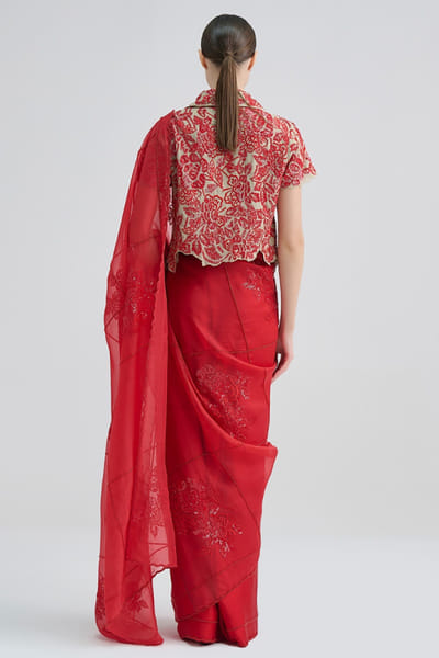 Peachoo Crimson sequin-flat stitch embroidered sari PEACAUG26D452869