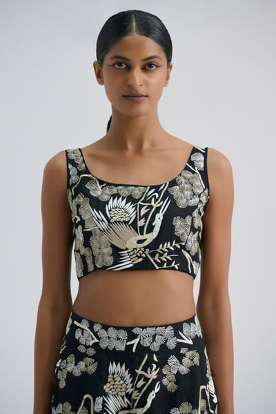 Peachoo Black embroidered bird motif crop blouse PEACJUL26D149890