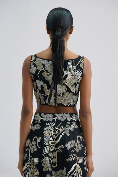 Peachoo Black embroidered bird motif crop blouse PEACJUL26D149890