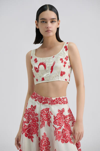 Peachoo Ecru and red embroidered bird motif blouse PEACMAY26D143824
