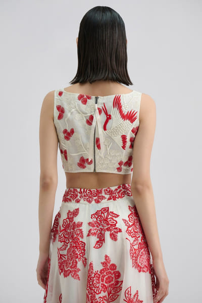 Peachoo Ecru and red embroidered bird motif blouse PEACMAY26D143824