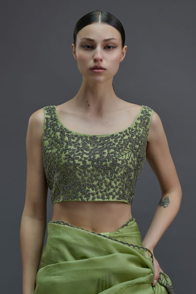 Peachoo Grass green bead hand embroidered crop blouse PEACJUL26D149874