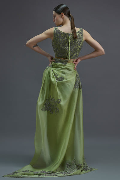 Peachoo Grass green bead hand embroidered crop blouse PEACJUL26D149874