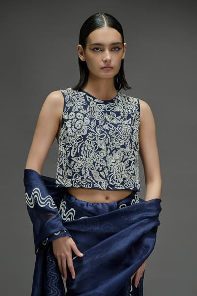 Peachoo Indigo sequin hand embroidered crop blouse PEACJUL26D149875