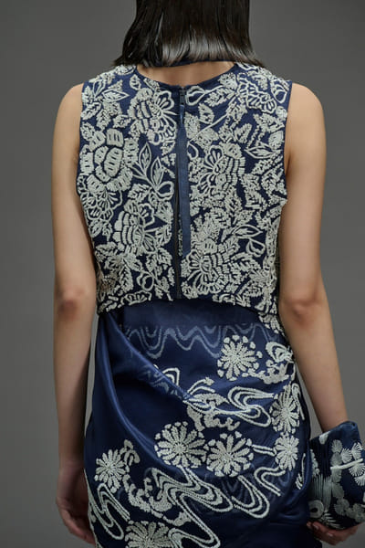 Peachoo Indigo sequin hand embroidered crop blouse PEACJUL26D149875