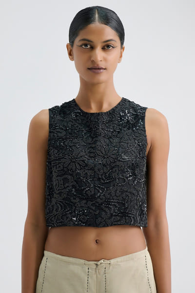 Peachoo Black bead hand embroidered cropped blouse PEACAUG26D452872