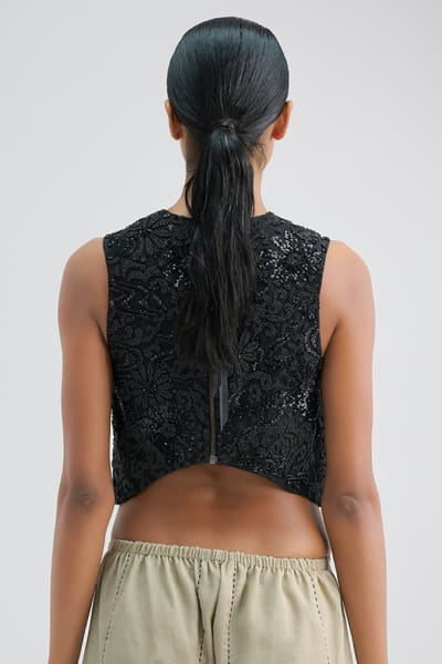 Peachoo Black bead hand embroidered cropped blouse PEACAUG26D452872