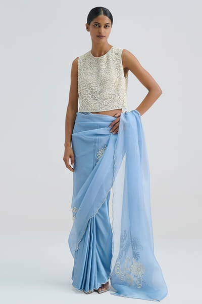 Peachoo Ecru bead hand embroidered cropped blouse PEACAUG26D452871
