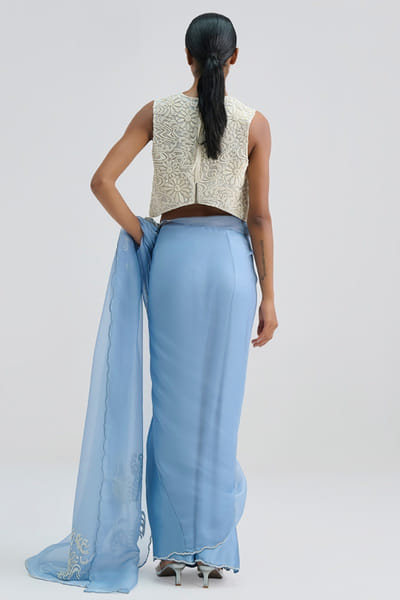 Peachoo Ecru bead hand embroidered cropped blouse PEACAUG26D452871