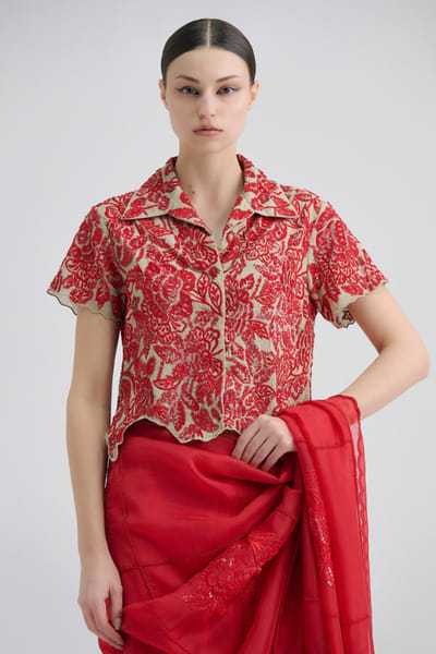 Peachoo Beige and red sequin hand embroidered blouse PEACJUL26D149877