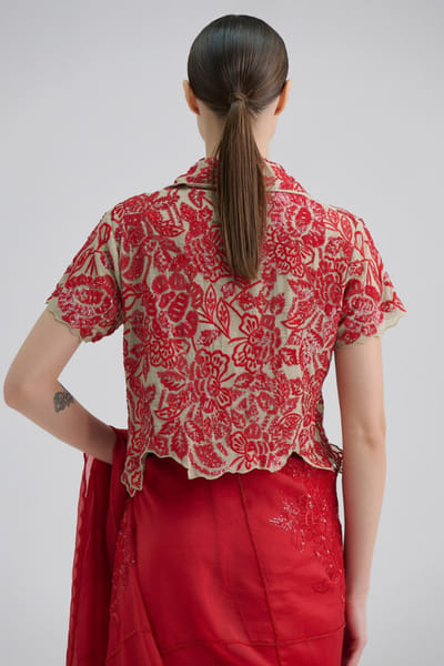 Peachoo Beige and red sequin hand embroidered blouse PEACJUL26D149877