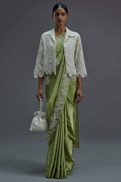 Peachoo Ecru bead hand embroidered jacket PEACJUL26D149878