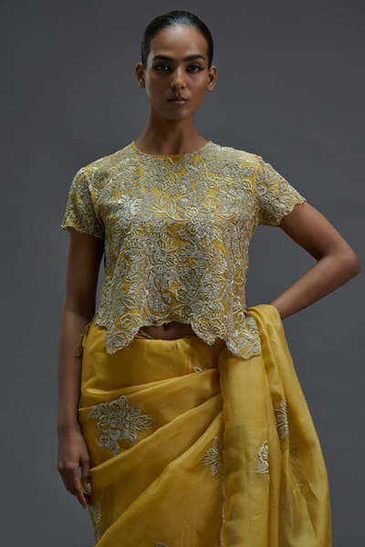 Peachoo Saffron yellow sequin hand embroidered blouse PEACJUL26D149879