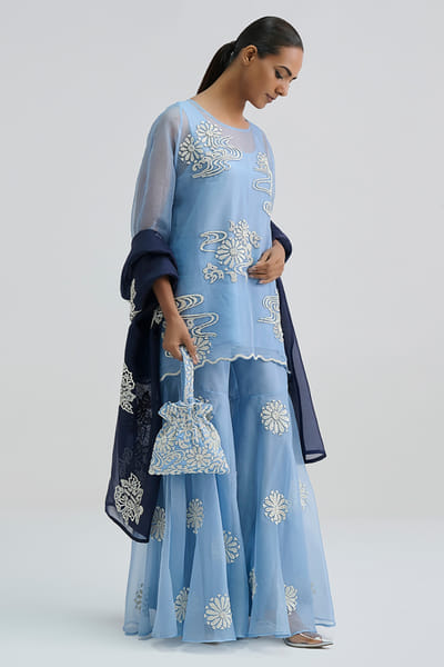 Peachoo Blue bead hand embroidered asymmetric top PEACAUG26D553178