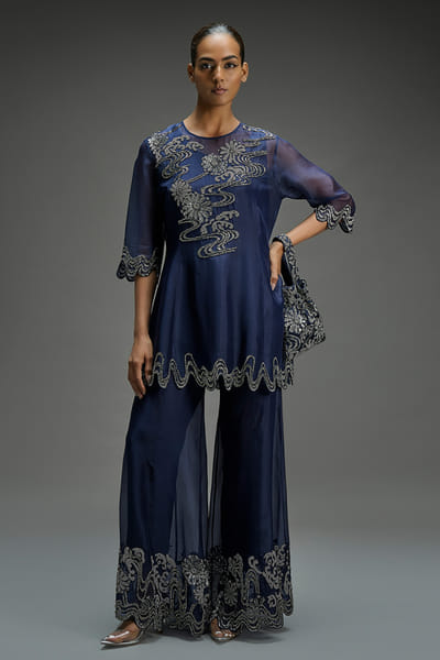Peachoo Indigo bead hand embroidered top PEACAUG26D553189