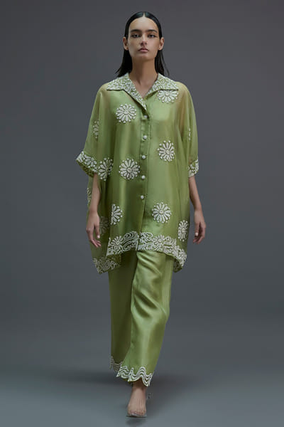 Peachoo Grass green-ecru bead hand embroidered pants PEACAUG26D452887