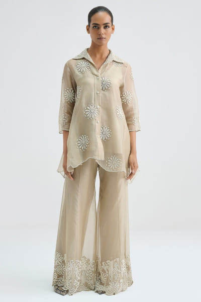 Peachoo Light beige bead hand embroidered palazzos PEACJUL26D250972