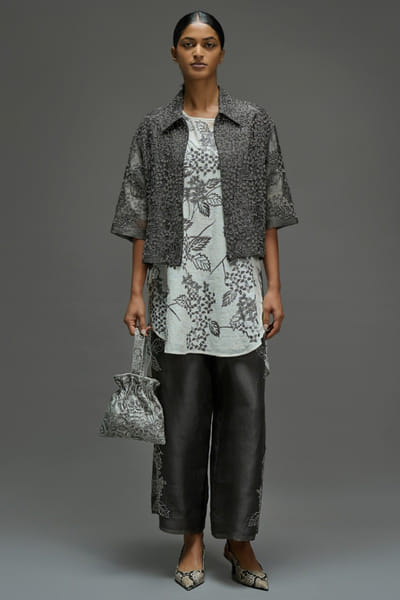 Peachoo Charcoal grey bead hand embroidered jacket PEACAUG26D351000