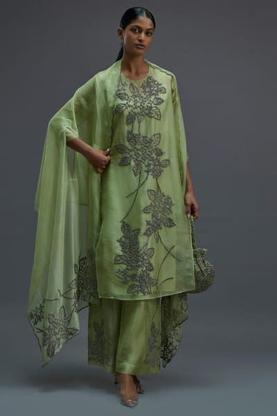Peachoo Grass green bead hand embroidered kurta PEACMAY26D143831