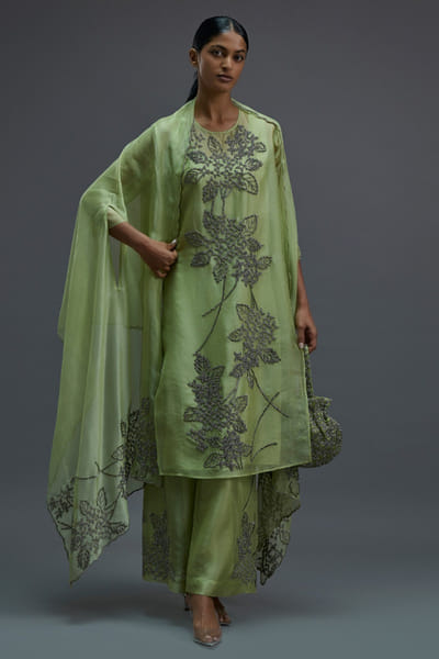 Peachoo Grass green bead hand embroidered cape PEACMAY26D143833
