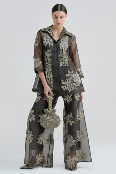 Peachoo Charcoal grey sequin hand embroidered palazzos PEACMAY26D143851
