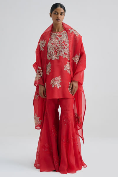 Peachoo Crimson red sequin hand embroidered sharara PEACMAY26D143859