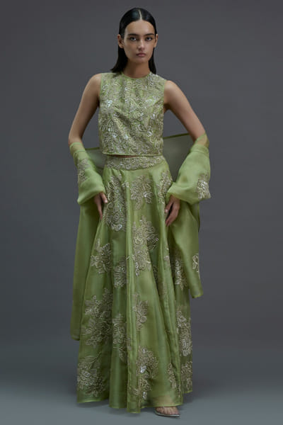 Peachoo Grass green sequin hand embroidered lehenga PEACMAY26D143835